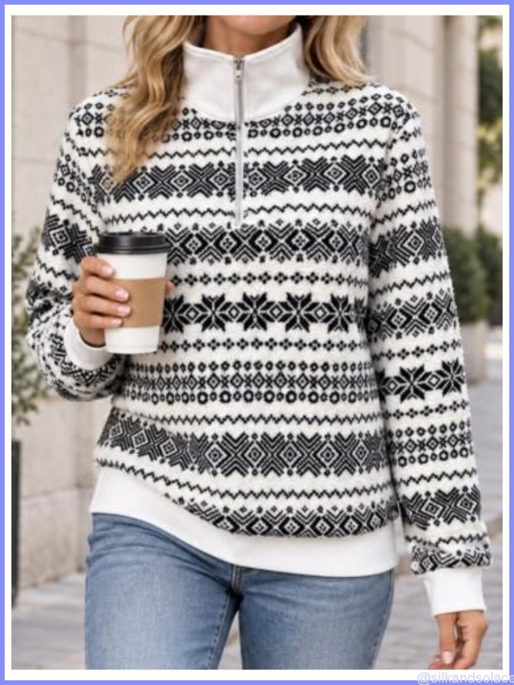 Cozy Geometric Sherpa Pullover Zip-Up Sweatshirt Fall Winter Everyday Outfit